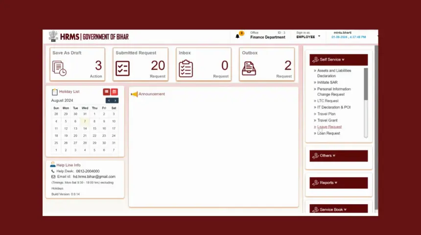 HRMS Bihar leave apply online steps — Leave Management section on hrms.bihar.gov.in dashboard