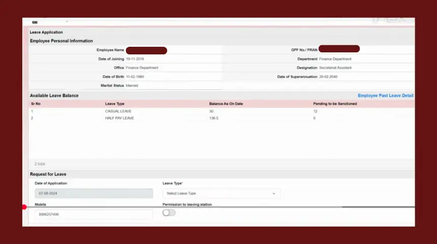 HRMS Bihar leave balance and application status — showing earned leave, casual leave, LWP available days