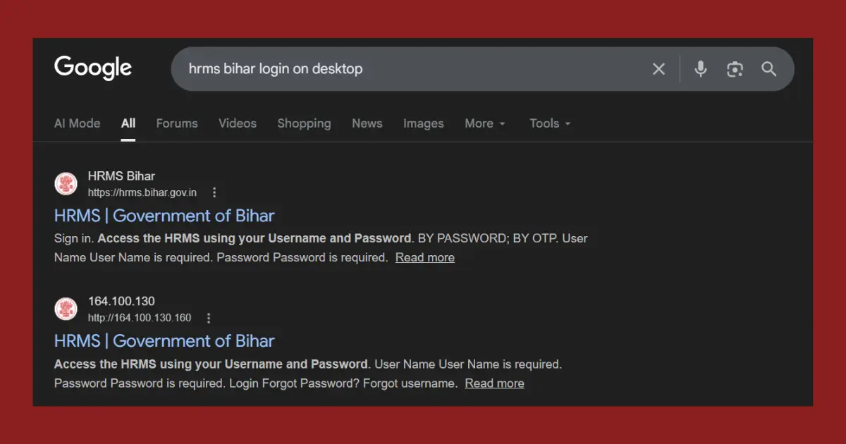 HRMS Bihar Login Page at hrms.bihar.gov.in